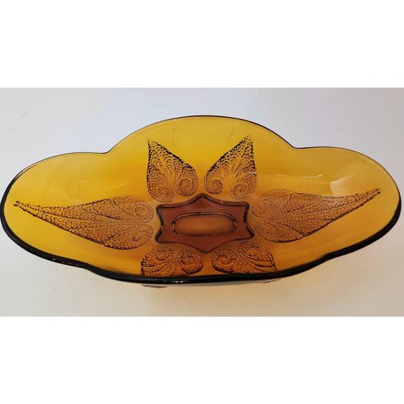 Vintage Amber Pressed Glass Oval Serving Dish Retro Textured Leaf Pattern Bowl - Picture 3 of 7